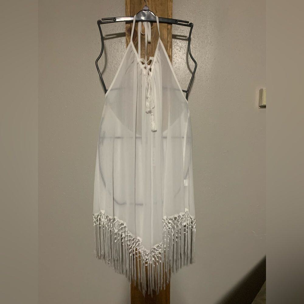 AOLRO Swimsuit Cover Up Coverup White Fringe Halter Top Fringe Semi Sheer XL